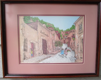 Watercolor of La Fonda, The Inn, by Peggy Bang, 1987. Professionally Matted and Framed.