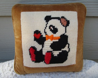 Cutest Panda Pillow on the Planet! Vintage 1980, 90's? Small Gold Velvet Pillow with a Cross-stitched Panda Bear with Big Red FEET!