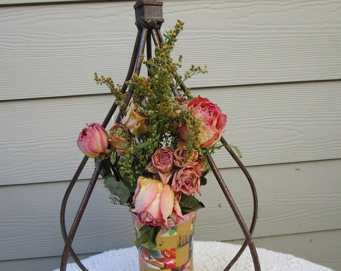 Vintage Iron Patinated and Rusty Garden Outdoor or Indoor Hanging Rack for Dried Flowers, Plants, Vases.