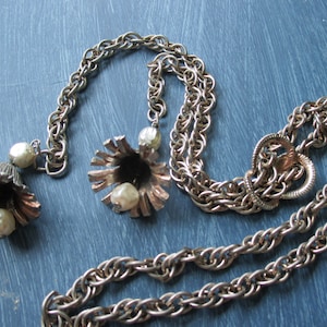 Vintage Silver Tone Flower Necklace with Faux Pearls, Adjustable