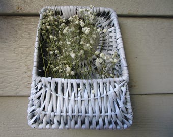 Vintage Light Blue Wicker Wall Basket, Flat Back, Dried Flowers, Keepsakes
