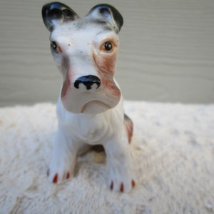 Vintage Wire-haired Fox Terrier, Tri-colored Dog Porcelain Figurine, great for your Collection. 3 Inches Tall, and his FACE is Soooooo Cute.