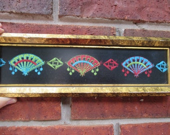 Vintage Embroidered Gold Framed Wall ART; with Fans, Green, Red and Blue, Beautiful!