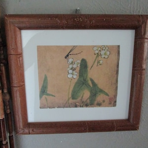 VINTAGE Dragonfly Print, Dragonfly is perched atop White Flowers, BEAUTIFUL Asian Art.