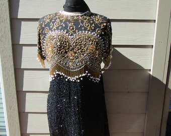 Elegant Lillie RUBIN COUTURE, Vintage black Silk Dress with Detailed Beading and Amazing Colors, A Holiday Spectacular!