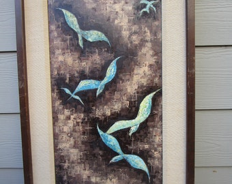 REDUCED BY 100.00, 60s Oil Painting Ocean Birds Flying in the Air. Magical Mid Century Modern.