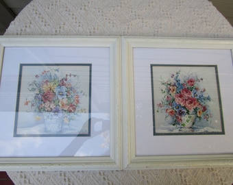 RESERVED for Tonja, Vintage Barbara Mock Floral Watercolor Art Prints - Cottage White Frames