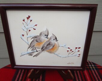 Vintage Tufted Titmouse Birds, Hand Painted and Framed Picture.