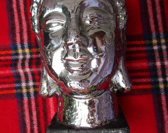 Estatua vintage de cabeza de Buda de piedra - Años 90, acabado plateado