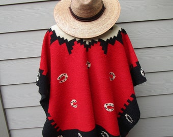 Wild Bright RED, CHUNKY, 1970's Vintage Mexican Poncho, Wool, with Horseshoes Pattern.