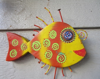 Crazy Handmade Fish from Mexico, Handmade Wood, Vintage and Ready to Swim!