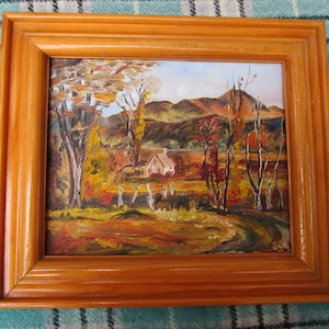 Oil Painting of Farmhouse in Autumn, Peaceful Rolling Hills, Mountains, Sky and Trees.