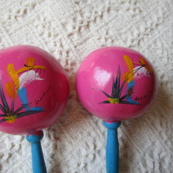 Vintage 1970's Mexican Maracas, Hot pink, with Blue Handles. Hand Painted and Fun!!!!