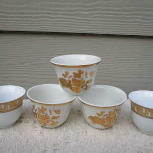 Set of Vintage Japanese Porcelain Sake Cups, Mixed Patterns, 1960's Gold trimmed with 24 kt. gold plated.