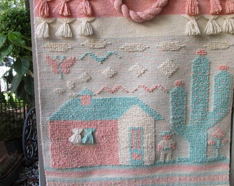 CHUNKY Vintage Wall Weaving, 100% Wool, Made in Mexico. BEAUTIFUL DESIGN Pink, Green, and Cream Colors.