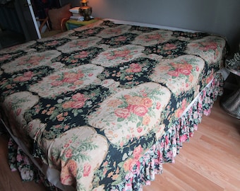 1940's Handmade Shabby or Hollywood Style, Linen Colorful Bedspread, Handstitched with Bright Colors!