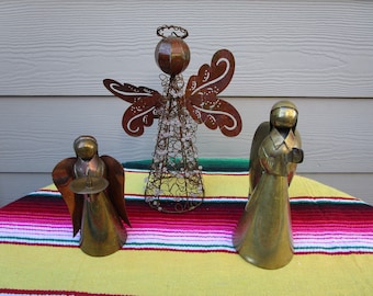 SET of 3, Angel Sculptures, made of Brass, Copper, and Vintage, Faux Glass Beads.
