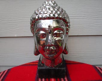 Vintage Stone Buddha Head Statue - 1990s Silver Finish
