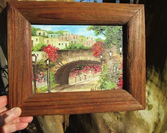 Vintage Oil Painting: Small Town Bridge Landscape, Solid Oak Frame