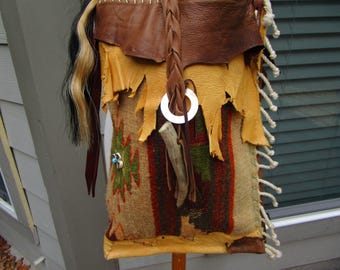 Handmade Native American Style Purse with Suede Leather, Antlers, and Wool Blanket Design.