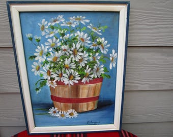 Daisy Oil Painting in Wooden Tub - Framed Cottagecore Art