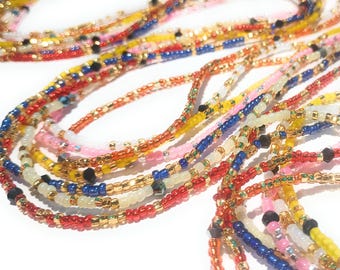 Traditional Multicolor African Glass Waist Beads: 44-Inch Tie-On with Diamond Accents