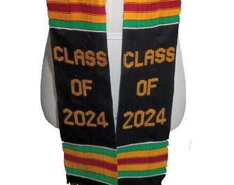 CLASS OF 2024 Black Graduation Stole Sash African Kente Cloth with Gold Green Red