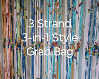 Multi Strand GRAB BAG, Three 3-in-1 Style Waist Bead Strands, 44 Inch African Waist Beads Tie-On Strands