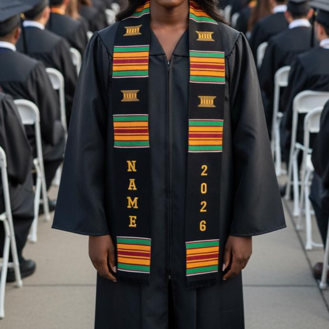 Customizable Black 2026 Graduation Kente Stole Sash With Stool Symbols ...