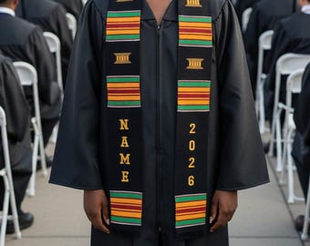 Customizable Black 2026 Graduation Kente Stole Sash with Stool Symbols