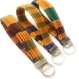 Llavero de pulsera con llavero, auténtica tela africana Kente, multicolor, 5 x 1 pulgada