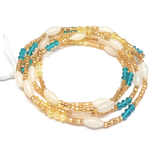 Gold Waist Beads with Glow-in-the-Dark and Blue and Yellow Accents, Tie-On Cotton Strings