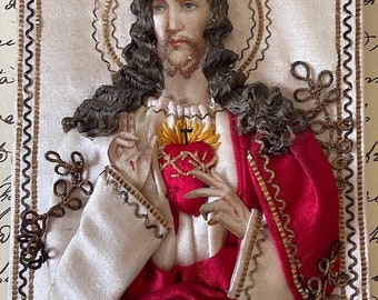 Antique 19th Century Sacred Heart of Christ Detente Reliquary Scapular Ex Voto Embroidery Klosterarbeit Convent Work Free Shipping