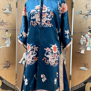 Antique 19th Century Chinese Qing Dynasty Embroidered Robe Silk Forbidden Stitch Embroidery Free Shipping
