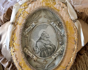 Antique 18th Century Spanish Oval Shaped Reliquary Four Saints Inés Clara Pastor Amanda Ex Voto Detente Ganutell Free Shipping