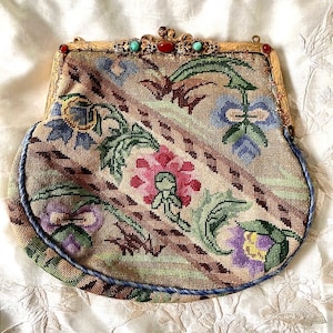 Delicious Antique Art Nouveau French Evening Bag Purse Hand Embroidered Petit Point Gild Metal  and Cabochon Embellishments Free Shipping