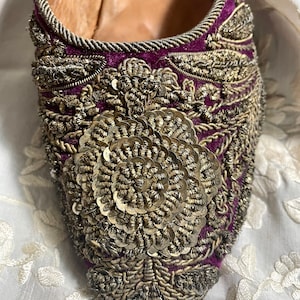 Antique Persian Slippers Mules Fuchsia Velvet & Gold Metallic Thread Ottoman Embroidery Circa 1850 Free Shipping
