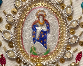 Antique 19th Century Gold Silver Embroidered Virgin Mary Scapular Detente Reliquary Ex Voto Amulet Klosterarbeit Convent Work Free Shipping