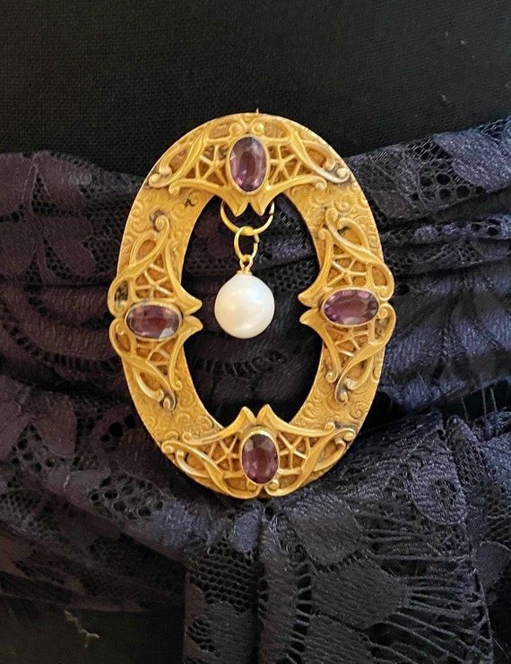 Splendid Antique Art Nouveau Brooch Buckle Ormolu… - image 4