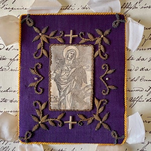 Antique 18th Century Xylograph Embroidered Scapular Detente Reliquary Ex Voto Our Lady of Sorrows Klosterarbeit Convent Work Free Shipping