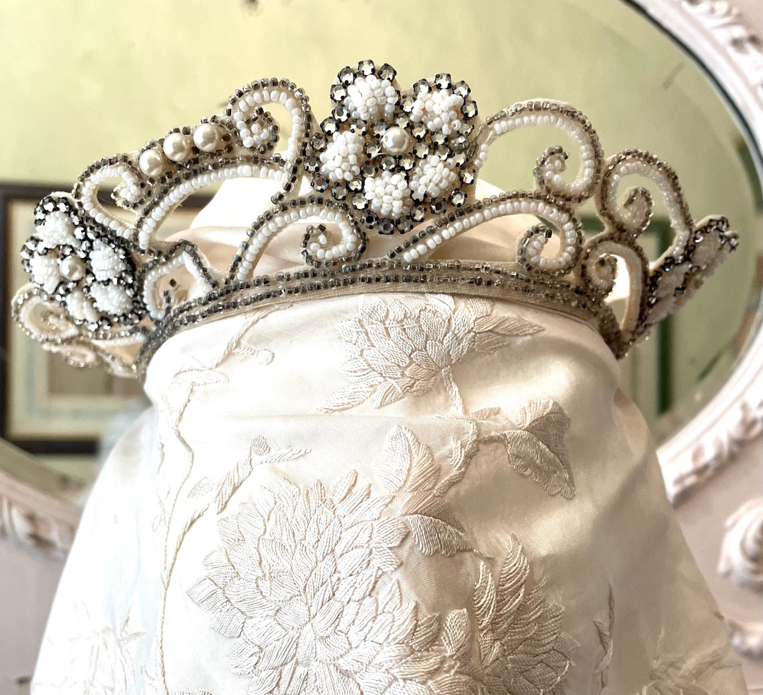 Antique Rhinestone Faux Pearl Bugle Bead Art Deco Wedding Tiara Crown