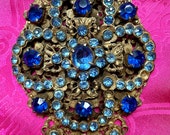 Antique French Napoleon III Statement Clip Brooch Ormolu Repoussé Work Cobalt Blue Faceted Stones Spectacular Bohemian Chic Free Shipping
