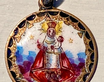 Antique 19th Century Virgin and Child Madonna Religious Medal Hand Painted Enamel Very Rare Free Shipping!