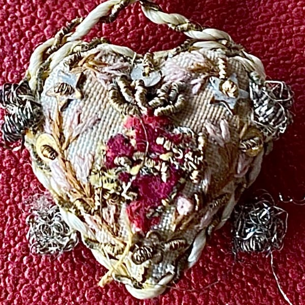 Antique 19th Century Sacred Heart  ExVoto Reliquary Amulet Detente scapular Convent Embroidery Silk and Velvet Very Rare Find Free Shipping!