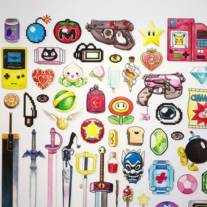 Video Game/Cartoon Items, &quot;Artifacts&quot; Pokemon/Mario/Final Fantasy/Adventure Time/Overwatch/Zelda Painting Fine Art/Giclée PRINT on Paper
