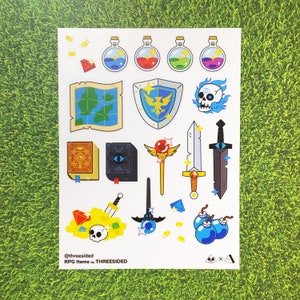 Sticker Sheet 6x8&quot; - RPG Items - Vinyl, Matte Coated - Die-Cut Stickers of Swords, Potions, Loot and other RPG Items
