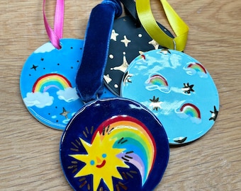 Round Gold Lustre Celestial/Rainbow Christmas Ornament - Ceramic Piece - Handmade Stoneware Clay Tree Decoration - Holiday