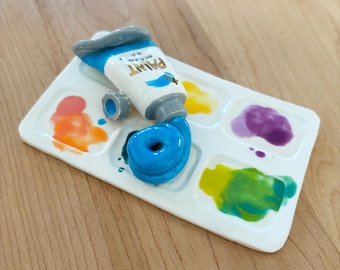 Painter&#39;s Palette - Jewelry Holder Tray/Dish - Ceramic Piece - Hand Built Stoneware Clay Sculpture - Miniature Art