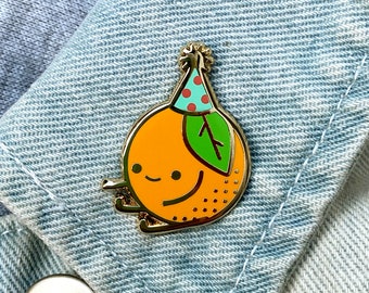 Lil Orange - A 'Lil Buddies' Pin - Orange Fruit, Party Hat - Hard Enamel Pin - Gold Metal - Shiny Flair Lapel Pin