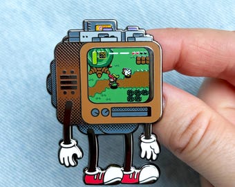 Hyahh! Buddy - Pot-Smashing Warrior - Retro Video Game Console - Deluxe Hard Enamel Pin with UV Print - Shiny Flair Lapel Pin